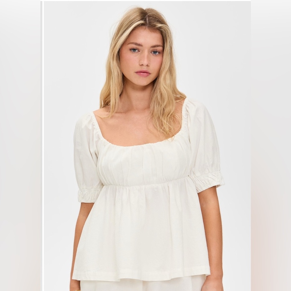 Free People White Smocked Peplum Blouse‎ with Puff Sleeves